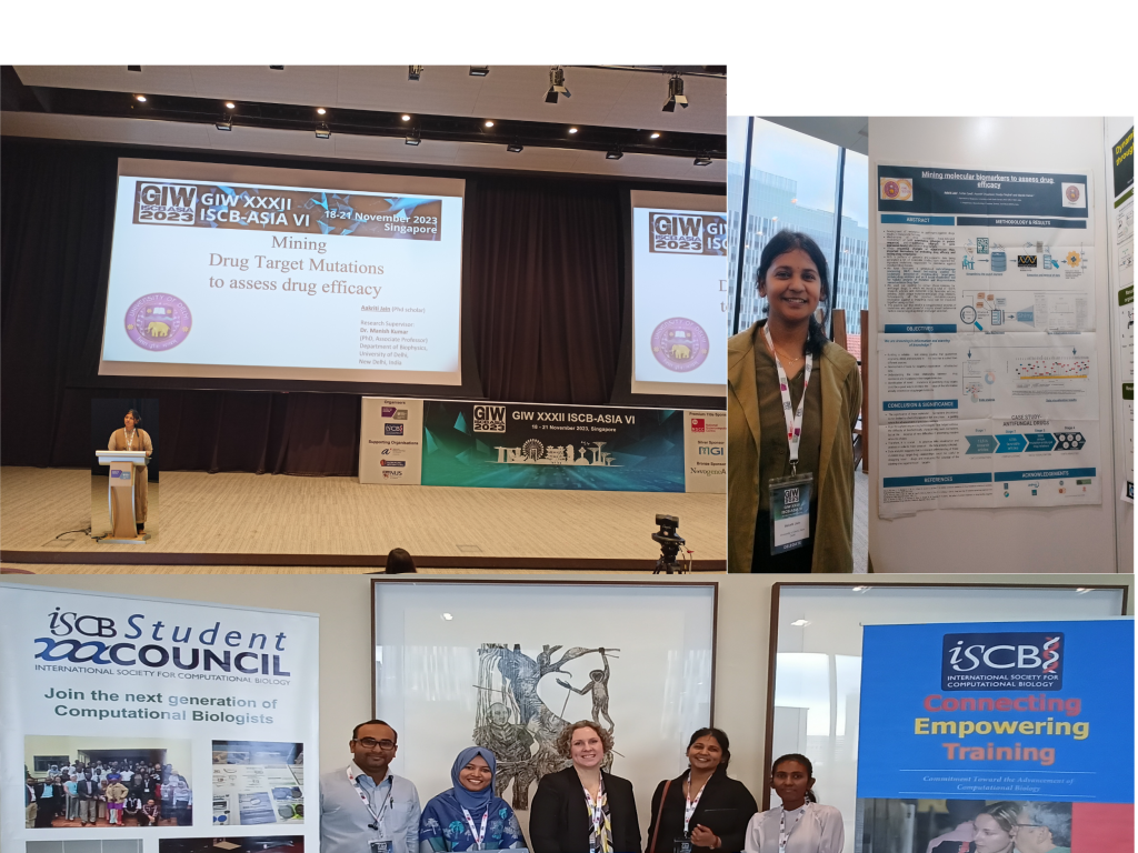 Miss Aakriti Jain, PhD Scholar in the lab of Dr. Manish Kumar was selected for an oral talk in the young scientist session and presented a poster of her research work at GIW-ISCB Asia, conference held in Singapore. She was awarded a grant from the ISCB-SC to attend the event and represent the society at the conference.