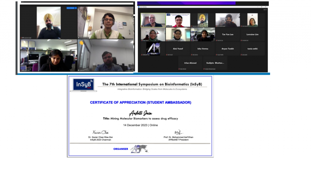 Miss Aakriti Jain was invited for a flash talk at the 7th International Symposium on Bioinformatics (InSyb) held virtually on 14th December 2023.
