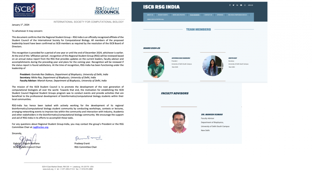 Congratulations to department faculty and PhD scholars for taking up roles in ISCB-SC RSG India. Govinda Rao Dabburu as the president , Nikita Ray as the secretary and Dr, Manish Kumar as the faculty advisor for the year 2024-2025.